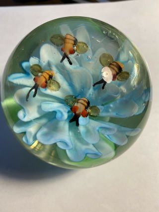 Millefiori Art Glass Paperweight Multicolored Flower And Bees