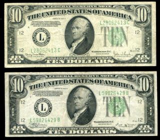 1934 B & 1934 P $10 Federal Reserve Notes San Francisco Vf 156090 F