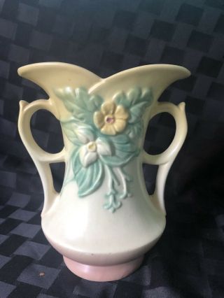 Vintage Hull Art Pottery Double Handled Vase Pastel Pink Yellow W - 6 - 7 1/2