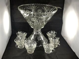 Vintage " Star Of David " Crystal Punch Bowl Set With 12 Cups Ladle And Base