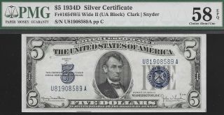 1934 - D $5 Silver Certificate ( (wide Ii Back))  U - A Block Pmg 58 Epq L@@k Nr