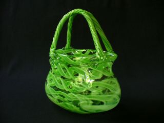 Large Murano Style Hand Blown Art Glass Purse Vase Handbag Lime Green Swirl