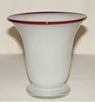 Marked Czechoslovakia Kralik Glass Czech White Tango Vase Maroon (red) Rim Ex