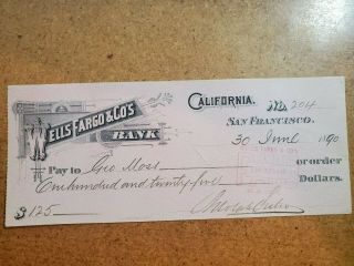 1890 San Francisco Ca Wells Fargo Co Bank Geo.  Moss Adolph Sutro Signed Check