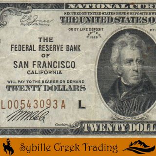 1929 $20 San Francisco Frbn Bank Note Fr 1870 - L 43093 - P