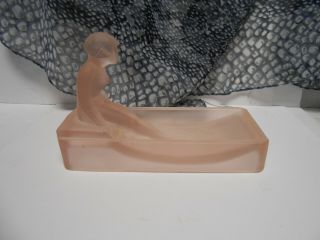 Art Deco Pink Satin Glass Nude Lady Sitting By Pool Pin Tray Soap Dish Vintage