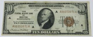 1929 $10 Ten Dollars National Currency Federal Reserve Bank Of Boston Ma