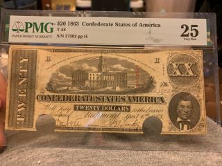 Civil War Pmg Csa Confederate Currency Banknote Vf25 1863 Richmond Virginia T58