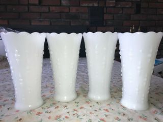 4 Vtg White Milk Glass Teardrop Pearl Dot & Arrow Vase Scalloped Edge 7 " X 3 7/8