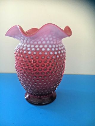 Vintage Fenton Cranberry Hobnail Opalescent Vase With Ruffle Rim 8 " With Logo