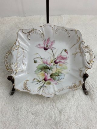 Vintage Dresden Germany Square Cake Plate With Handles Floral Gold Trim