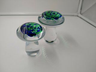 Art Glass Mushroom Paperweights (2) Blue Green Speckled Freckled Clear