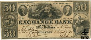 April 3,  1856 Exchange Bank Of Virginia $50 Norfolk Note B 1142