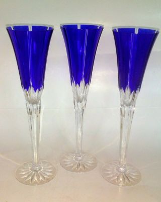 3 Ajka Crystal Castille Cut To Clear Champagne Flutes,  Cobalt Blue