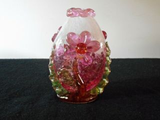 Unique Art Glass 6 " Triangular Vase With Applied Flowers And Frills