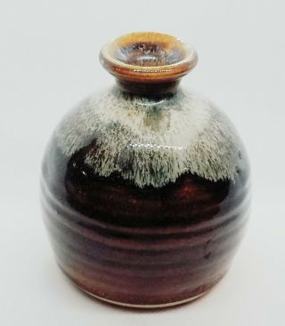 Vintage Art Pottery Studio Vase Weed Pot Brown With Drip Glaze 4 " H Signed