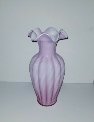 Fenton Art Glass Vase Pink & White Swirl Cased Glass 11 1/4 " Large Ruffle