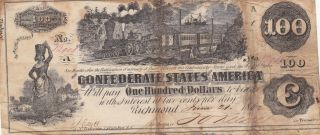 100 Dollars Fine Banknote From Confederate States Of America 1863 Pick - 43