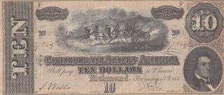 10 Dollars Very Fine Banknote From Confederate States Of America 1864