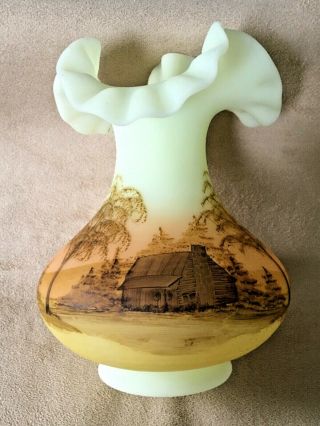 Vintage Fenton Hand Painted Log Cabin Ruffle Vase Yellow Custard Satin Signed