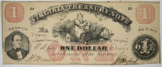 1862 $1 Richmond Virginia Treasury Note Obsolete