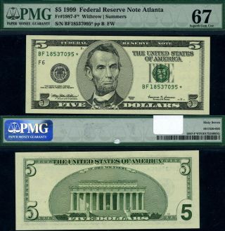 Fr.  1987 F $5 1999 Federal Reserve Note Atlanta Bf - Block Gem Pmg 67 St