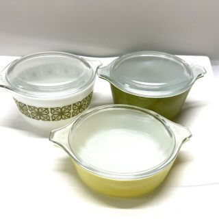 Set Of 3 Vintage Pyrex Casserole Green Set With Lids 471 473 1qt Made In Usa