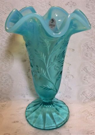 Fenton Art Glass Robins Egg Blue Vase,  Nib,  Inverted Leaf Design,  8x5 1/2 "