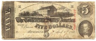 April 6,  1863 Confederate Currency - Richmond $5