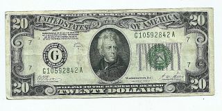 1928 B $20.  00 Federal Reserve Note = Chicago = Redeemable In Gold On Demand = 2