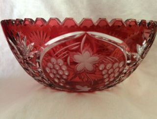 Round Crystal Bowl Ruby Red Clear Cut 24 Lead Crystal Made In Poland