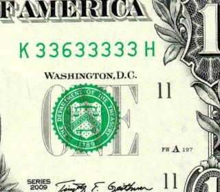 $1 2009 ::: 33633333 ::: Fancy Near Solid Binary Serial Number (uncirculated)