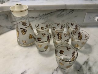 Vintage Libbey Gold Foliage Leaf Glasses Tumblers Set 7 With Cocktail Decanter
