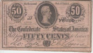 1864 Fifty Cents Confederate Note Black Ink Fine With Pinholes