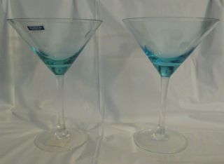 Waterford Marquis Crystal Signed Polka Dot Aqua Blue Martini Glasses - Set Of 2
