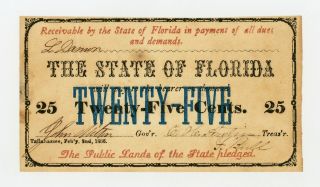 1863 Cr.  24 25c The State Of Florida Note - Civil War Era Au