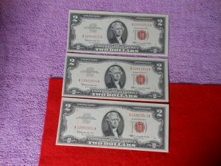 1963 $2 Two Dollar Bills Red Seal Us Notes 3 Three Consec.  Gem Uncirculated