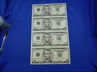 Series 2003 - Uncut Sheet Of 4 $5 Bills - Federal Reserve Notes - Star Notes