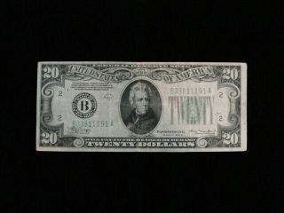1934 - A Series $20.  00 Federal Reserve Note York B33811191a Fine