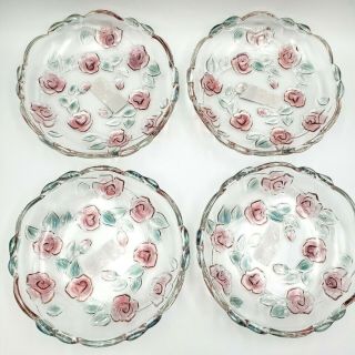 Mikasa Bella Rosa Salad Plates Clear W Raised Pink Rose And Green Leaf Set Of 4