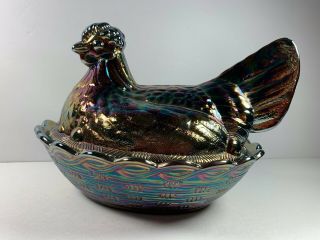 Large Fenton Hen On Nest Iridescent Carnival Glass Basketweave Candy Dish