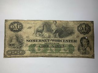 1862 $2 Somerset And Worcester Obsolete Bank Note Maryland Dark Rich Green