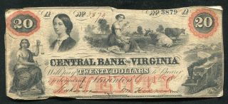 1860 $20 The Central Bank Of Virginia Stanton,  Va Obsolete Banknote (b)