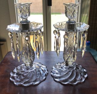 Pair Vintage Crystal Candlesticks Candle Holders 10 Pin Bobeche Prisms Pretty