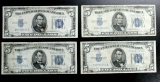 (4) 1934,  D Blue Seal $5 Five Dollar Silver Certificate Four Very Fine Or Better