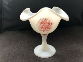 Fenton Glass White Satin Footed Bowl Hand Painted Pink Roses Ribbon Tupperware