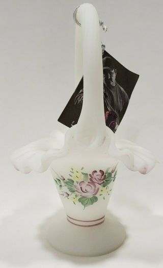 Fenton White Satin Glass Basket Hand Painted Flowers 2737 Eg