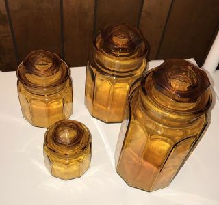 Vintage L E Smith Honey Amber Glass Apothecary Canister Jar Set 60’s Heavy Glass
