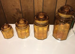 Vintage L E Smith Honey Amber Glass Apothecary Canister Jar Set 60’s Heavy Glass 2