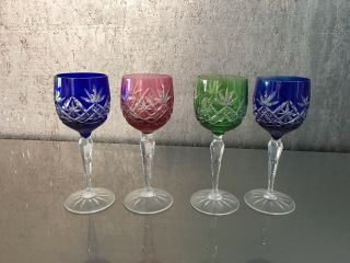 4 Vintage Collectible Colored Cut Crystal Hock Wine Goblets